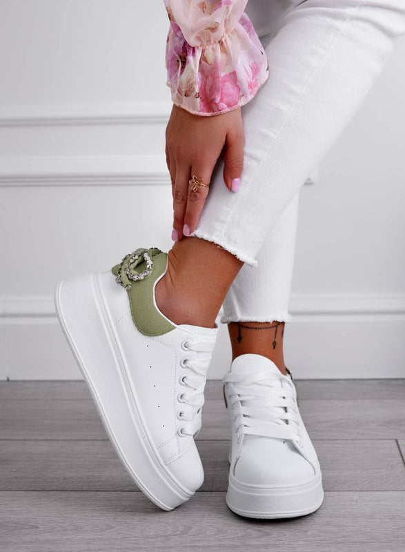 MILE - White sneakers with thick sole, rhinestone bow, and green back