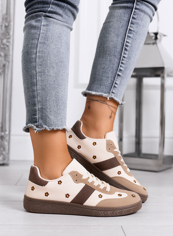 WESTON - Beige sneakers with embroidered daisies and brown sole