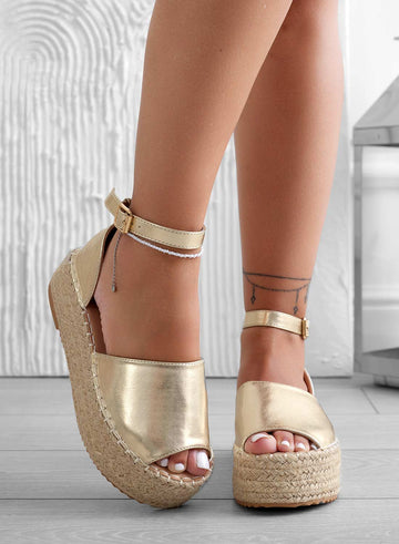 LICIA - Metallic gold espadrilles with wedge and ankle strap