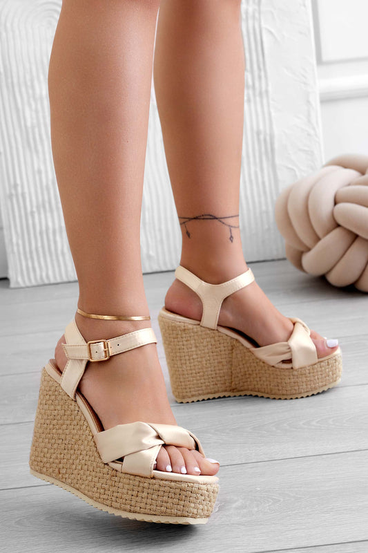 SANDRA - Beige satin wedge sandals