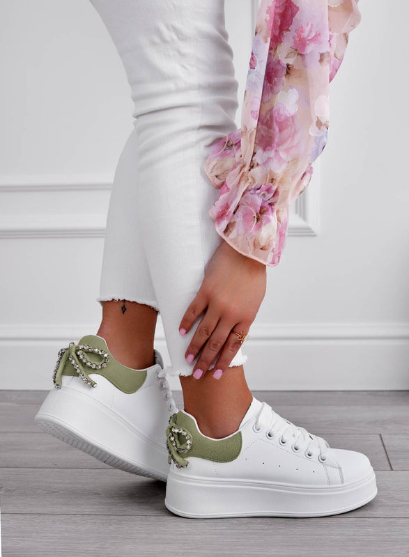 MILE - White sneakers with thick sole, rhinestone bow, and green back