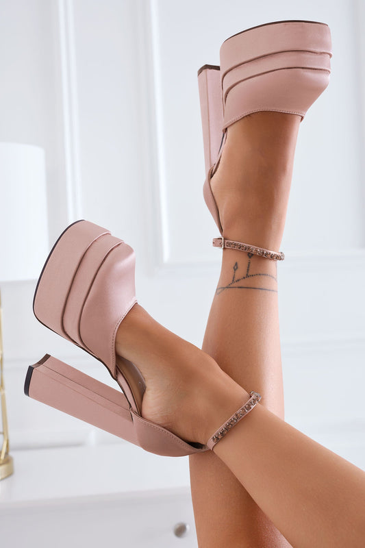 MANILA - Alexoo rose gold satin pump with high heel and plateau and jewel strap