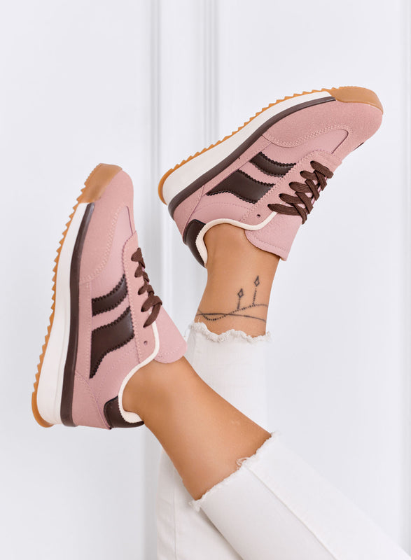 BIELLA - Sneakers rosa in tessuto con dettagli marroni e suola in gomma