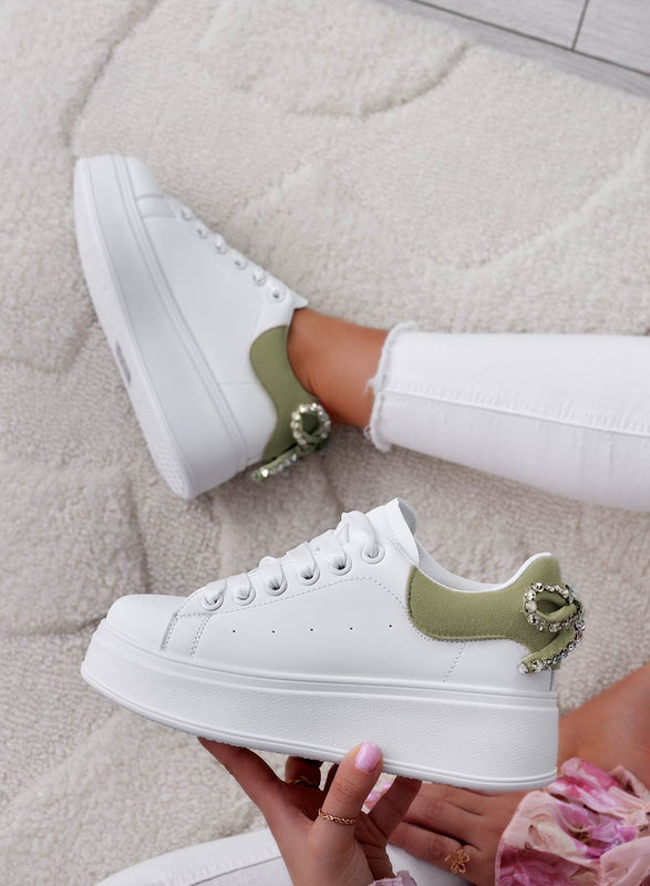 MILE - White sneakers with thick sole and rhinestone bow and green back