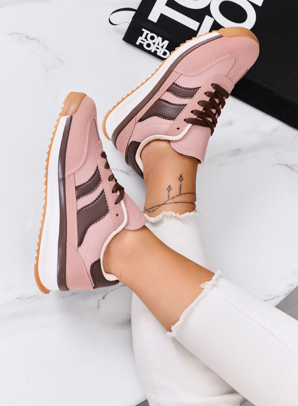 BIELLA - Sneakers rosa in tessuto con dettagli marroni e suola in gomma