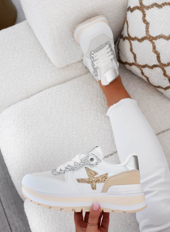 TYLER - White sneakers with gold and silver glitter inserts