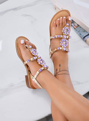 GIULY - Low gold sandals with purple jewel stones