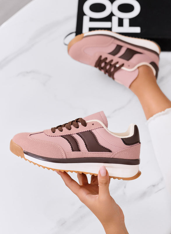BIELLA - Sneakers rosa in tessuto con dettagli marroni e suola in gomma