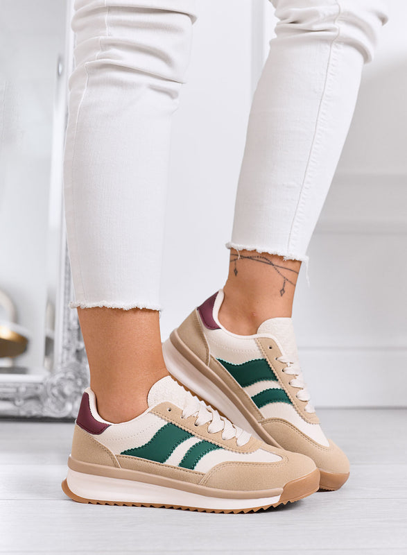 BIELLA - Beige fabric sneakers with green details and rubber sole