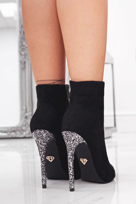 MANDY - Black suede ankle boots with glitter heel and toe
