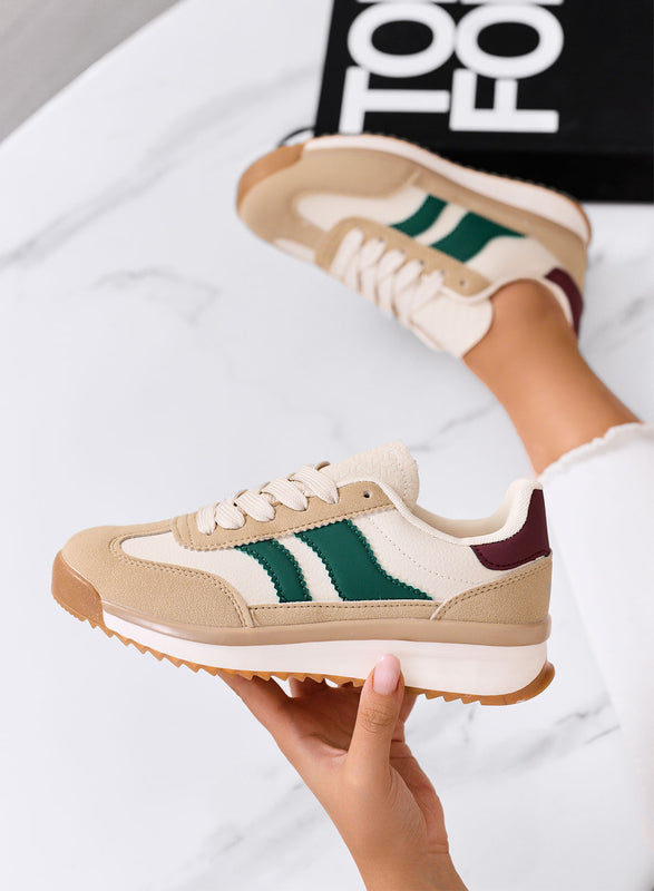 BIELLA - Beige fabric sneakers with green details and rubber sole