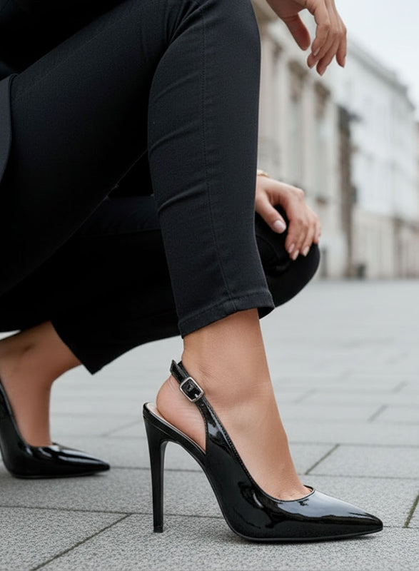 SHADOW - Black patent leather pumps with slingback strap and 12 cm heel
