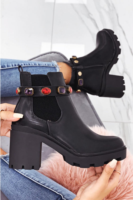 BERNA - Black chunky heeled ankle boots with side spring and stones details