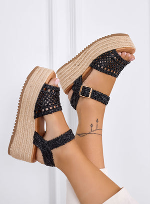 MARSILIA - Black braided platform sandals with rope wedge