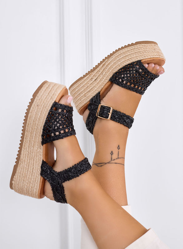 MARSILIA - Black braided platform sandals with rope wedge