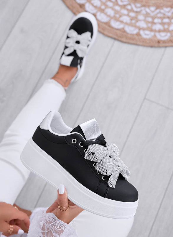 DEZZY - Black sneakers with silver rhinestone bows