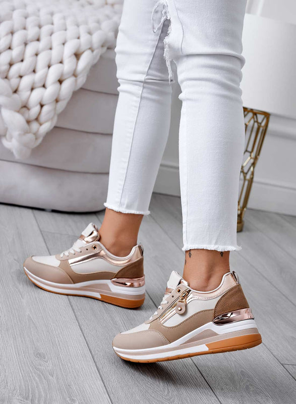 VALENTINA - Beige sneakers with rose gold inserts