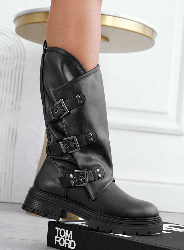 OLGA - Black biker ankle boots with buckles