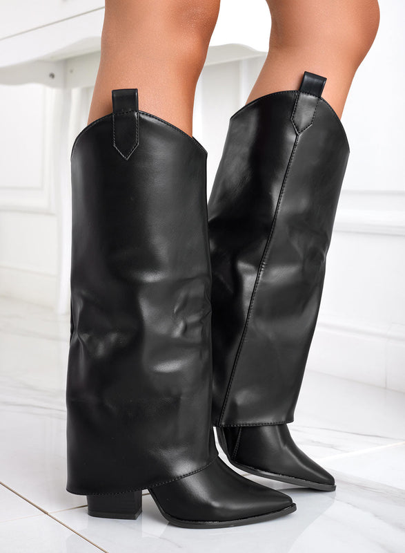 DILETTA - Camperos black boots with turn-up and high heel