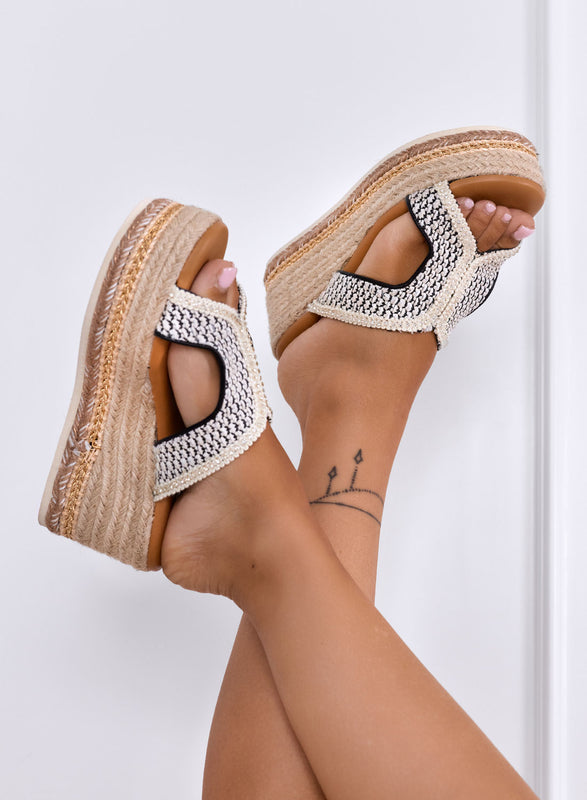 EMILIA - Sandali sabot con Zeppa in Corda e Fascia Intrecciata nera