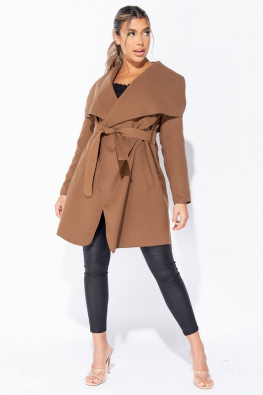 Light brown coat with drawstring waist