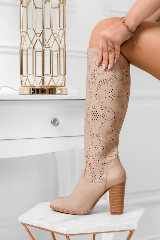 CHANTAL - Beige perforated faux leather boots with block heels