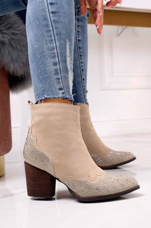 RONNIE - Beige cowboy ankle boots with rhinestones