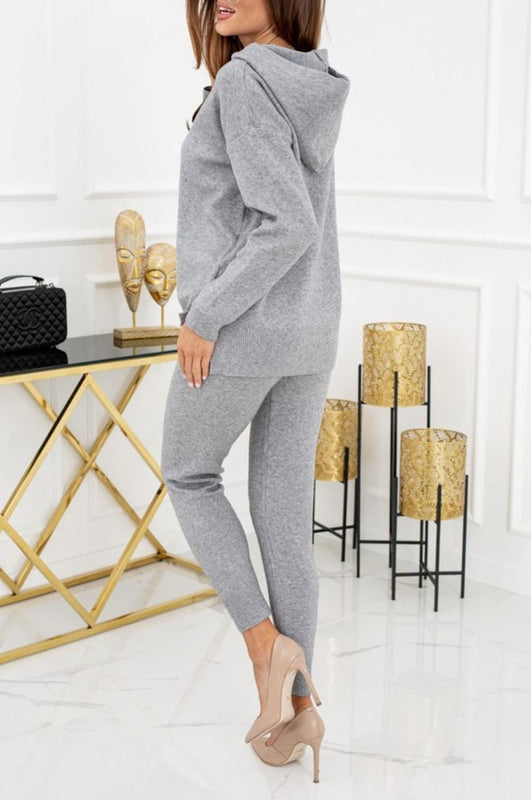 Grey two-piece knitted jumpsuit with hood
