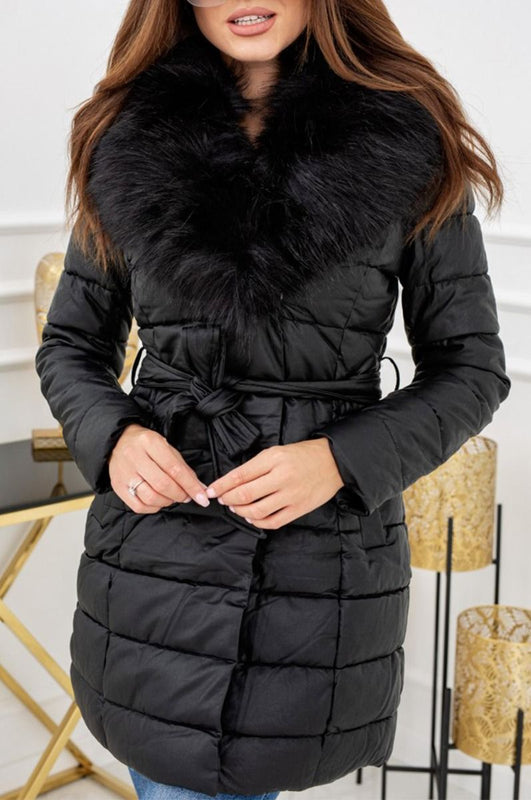 Long black down jacket with faux fur and drawstring at waist