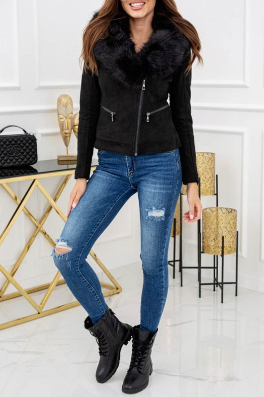 Black suede jacket with faux fur collar