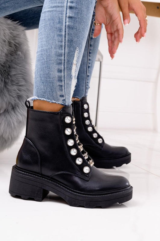 TIZIANA - Black ankle boots with chains and rhinestones