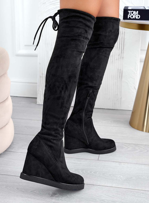 LESLIE - Black suede thigh-high boots with wedge