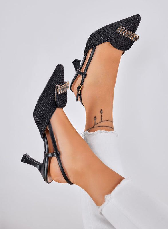 RUSH – Black Slingback Pumps with Woven Design and Jewel Application