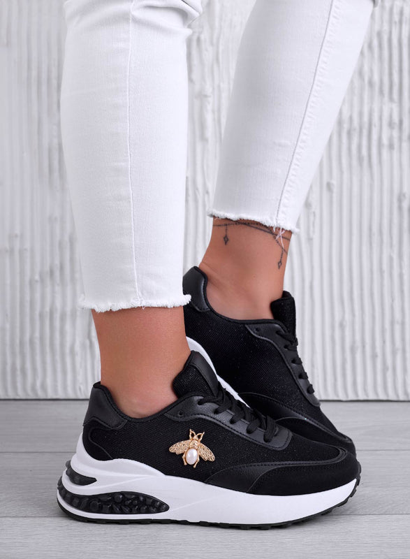 CAMERON - Black sneakers in laminated fabric and gold bee