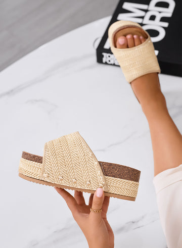 GIUSY - Beige platform sandals and slippers in braided rope with high sole