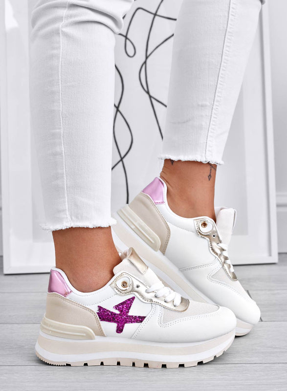 TYLER - White sneakers with fuchsia glitter inserts