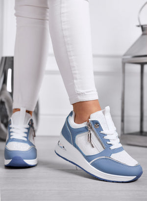 GEMMA - Blue Sneakers with Side Zip and Mesh Inserts
