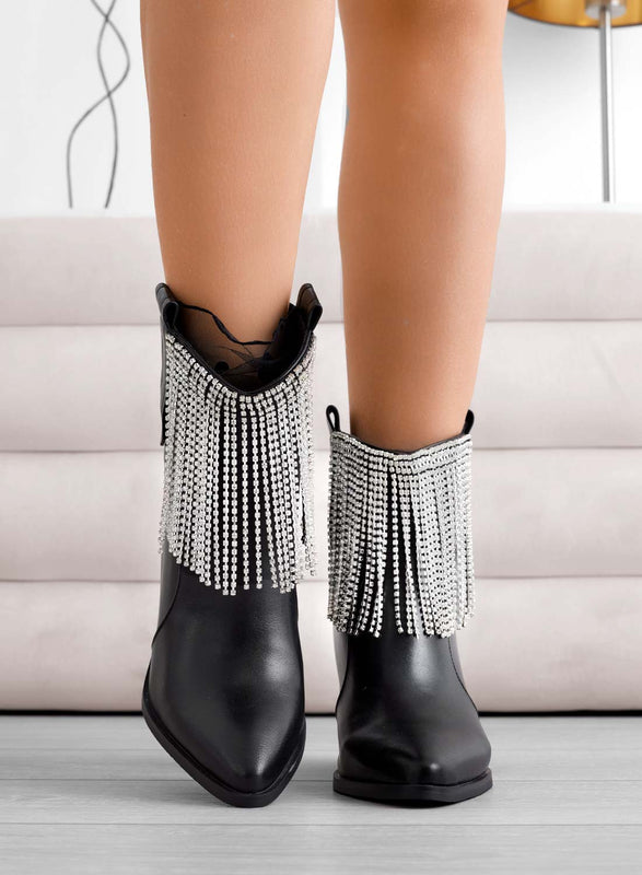 RIKI - Alexoo black camperos ankle boots with jewel fringes