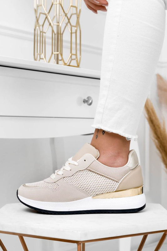 HILARY- Beige sneakers with laminated and golden details