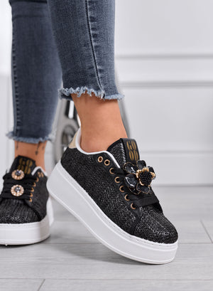 DOROTY - Black sneakers with jeweled flower appliqués and platform sole