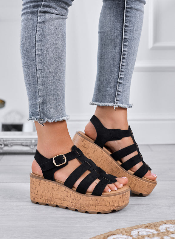MATILDE – Black wedge platform sandals with cork-effect sole