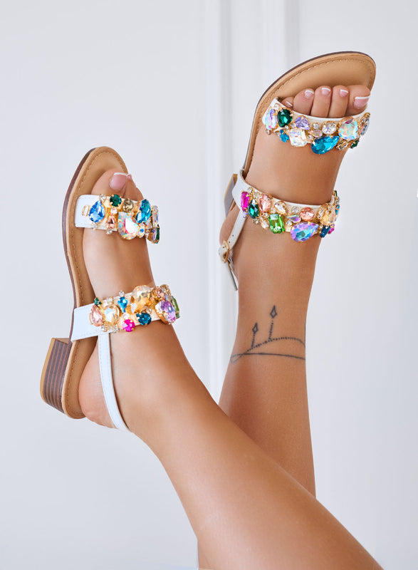 DIAMOND - White flat sandals with multicolor jeweled stones and strap