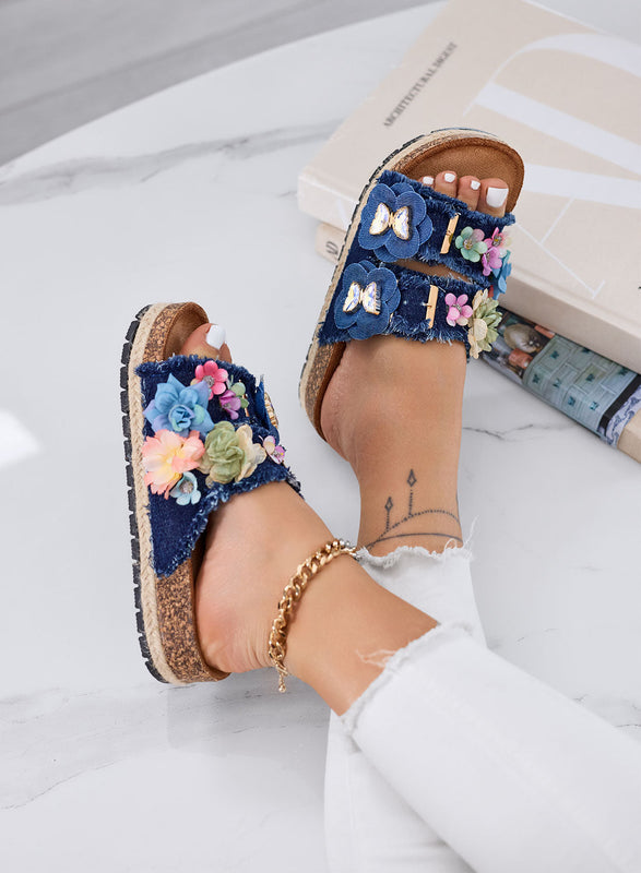 ALIBY – Blue denim sandals with colorful flowers and jewel details on cork sole