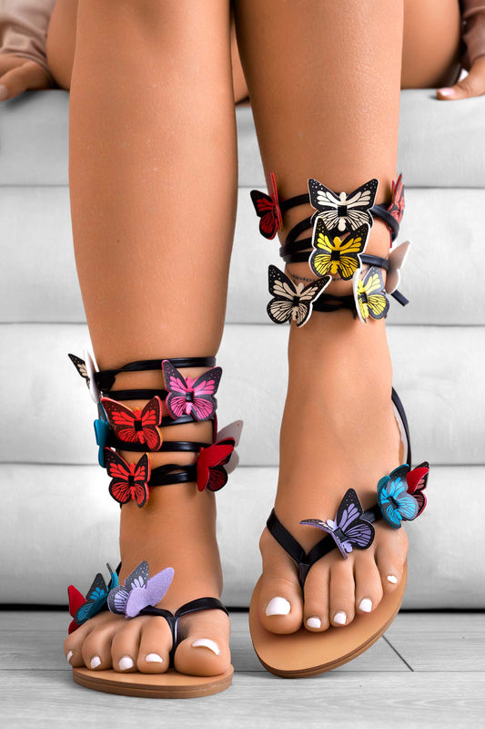 MEDELLIN - Flat black thong sandals with butterfly applications