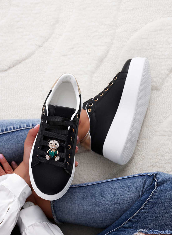 RORY - Black sneakers with gold back and green jewel bear