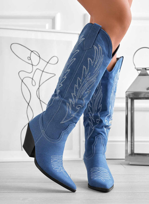JOHANNA - Alexoo camperos blue jeans boots with white embroidery