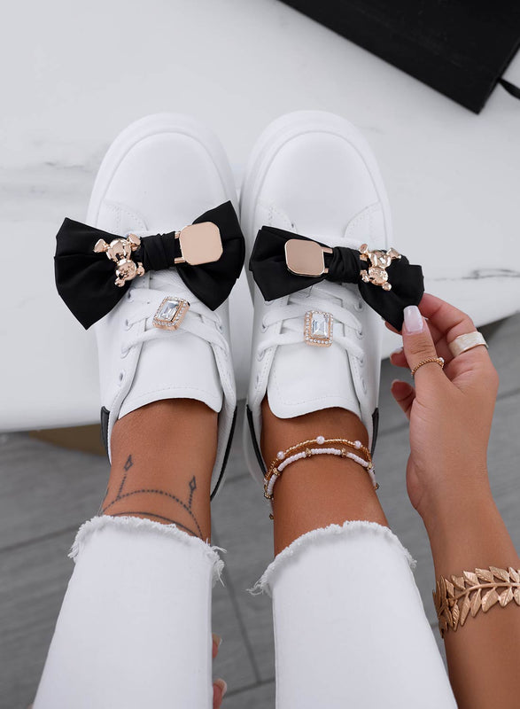 MAGDA - White sneakers with black bow and gold teddy pin