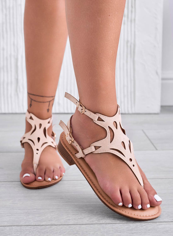 STEFANY - Beige perforated low flip-flop sandals