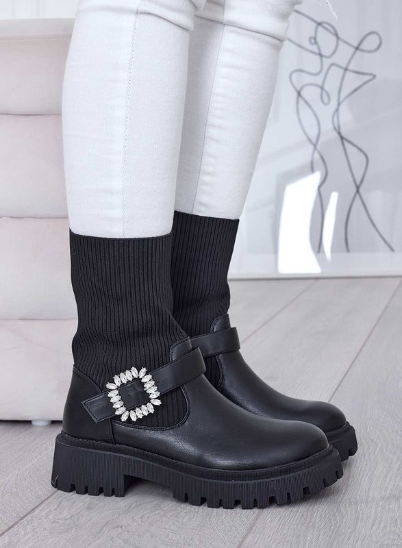 MINERVA - Black ankle boots in fabric with jewel buckle