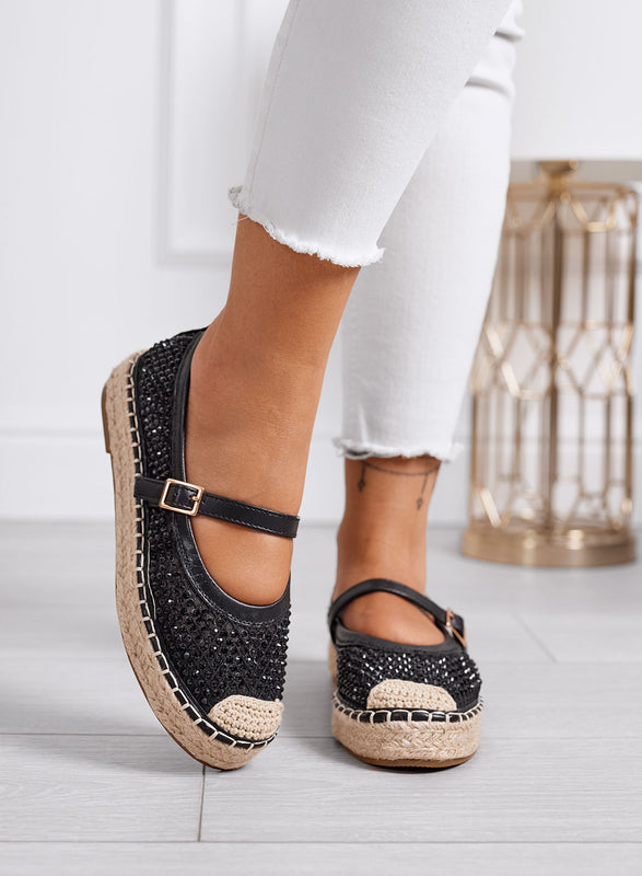 MARIKA - Black espadrilles with rhinestones and ankle strap on rope sole